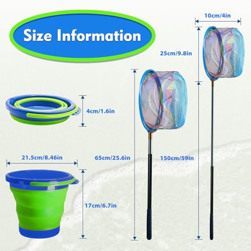 2PCS Kids Fishing Nets with Bucket - Telescoping Handle Retractable Landing Net Lightweight Aluminum Pole for Catch and Release Frog, Minnow, Butterfly, Crab, Beach and Creek Outdoor - color: 2PCS