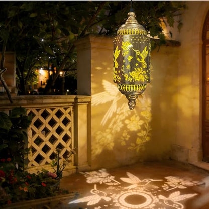 2 Pack Solar Hummingbird Hanging Lantern for Patio, Porch & Garden Decor | Casts beautiful hummingbird patterns, waterproof outdoor lanterns and thoughtful gardening gifts for women. - style: Hummingbird