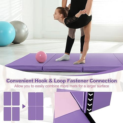 Goplus Gymnastics Mat, Folding Tumbling Mat with Carry Handles, Hook & Loop Fasteners, 4 Panels for Fitness Exercise Yoga Stretching Aerobics Workouts, Thick Gym Mats for Home - color: Purple