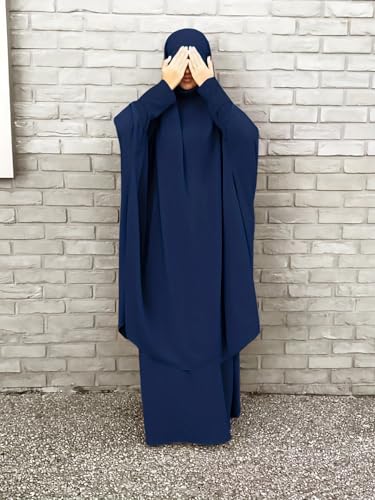 Womens Muslim Abaya Solid Prayer Dress Islamic Maxi Kaftan with Hijab Dubai Full Length 2 Piece Dress - color: 1black