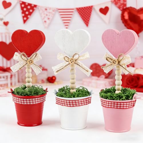 3 PCS Valentine's Day Decoration Rustic Heart Mini Potted Wooden Signs,6.5'' Red Pink White Artificial Heart Shaped Plant Pot for Valentines Day Tabletop Centerpiece Tiered Tray Decor Gifts - color: Red White Pink