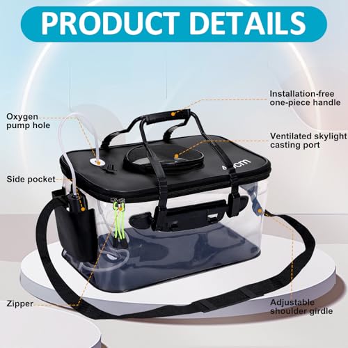 AceOrbit 5/7/8Gallon Foldable Fishing Bucket with Aerator | Live Bait Bucket and Dual Outlet Air Pump, Heavy Duty EVA Collapsible Fish Basket for Kayak, Ice Fishing, Camping & Travel - size: 7 Gallon