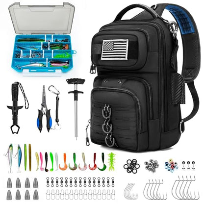Fishing Sling Bag with Tackle Box, MOLLE System Fishing Backpack with Fishing Lures Kit, Fish Hook Remover Tool, Fish Lip Gripper, Fishing Plier & Accessories, Fishing Gear Gift for Men Black - color: Black-01Set