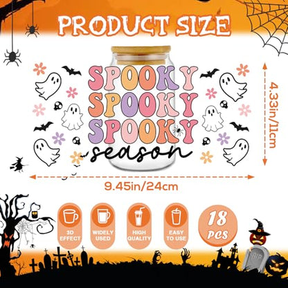 Rngmsi Halloween UV DTF Stickers - 18 Sheets Cute Ghost UV DTF Cup Wraps for 16 oz Glass, Pumpkin Bow Bat Rub on Transfer Stickers, Waterproof Uvdtf Decals for Water Bottle, DIY Halloween Crafts - style: Halloween