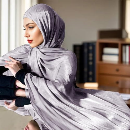 Premium Hijab Head Scarf for Women Lightweight Shimmer Hijab Head Wrap Scarves Crepe Satin Scarf Shawl Wrap - color: Light Grey