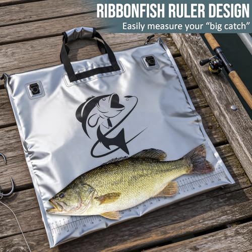 THKFISH Fish Tournament Weigh in Bag for Bass Fishing with Leakproof Zipper | Heavy Duty Live Fish Bags for Caught Fish with Waterproof Zipper and Mesh Liner,Puncture Resistant - color: Silver-25×23in
