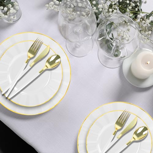 150Pcs Plastic Plates with Gold Rim,Heavy Duty White Plates for 30 Guests,Plastic Dinnerware Set Include 30 Dinner Plate,30 Dessert Plate,90 Gold Cutlery Set for Party (White) - color: White