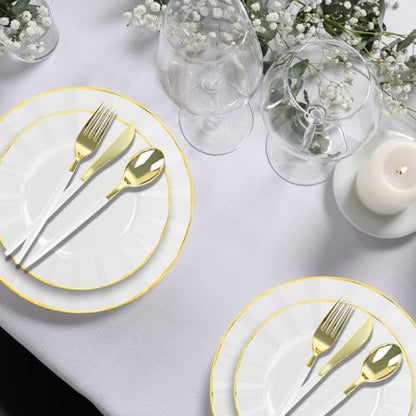 150Pcs Plastic Plates with Gold Rim,Heavy Duty White Plates for 30 Guests,Plastic Dinnerware Set Include 30 Dinner Plate,30 Dessert Plate,90 Gold Cutlery Set for Party (White) - color: White