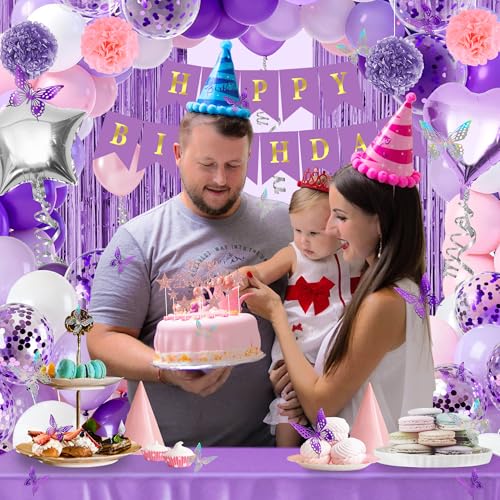 Purple birthday party decorations balloons kit for Women Girls, Balloons,Silver Foil Balloons,Fringe Curtains Happy Birthday Banner Paper Pompoms 3D Butterfly Cake Topper Party Supplies - style: Purple
