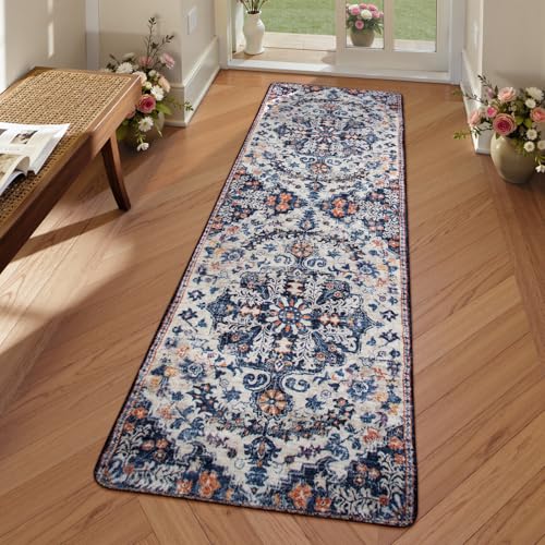 Lahome Reine 2x6 Blue Washable Hallway Runner Rug, Bohemian Floral Medallion Kitchen Carpet Runner, Soft Non Skid Floor Runners for Bathroom Bedroom Vanity Office Sunroom - color: Blue Purple/Multi, size: 2' x 6' (Runner)