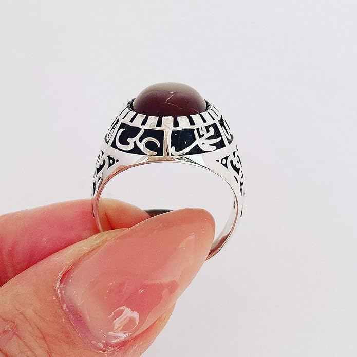 Islamic Sterling Silver Ring with Black Yemeni Aqeeq Stone, 925 Silver Religious Engraved Design, Ahlulbayt Muslim Prayer Jewelry for Men and Women,islamic ring,islamic men wowan ring - color: Red Yemeni Agate