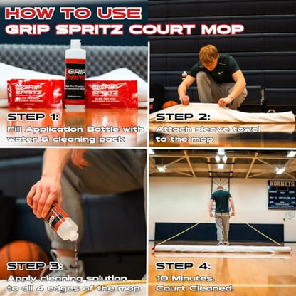 Grip Spritz Court Mop - 7' Damp Mop - Basketball Gym Floor Cleaning System, Hardwood, Tile Sport Court, Composite, Wrestling Mat Surface Cleaner - Commercial, Industrial, Wet & Dry Towel System