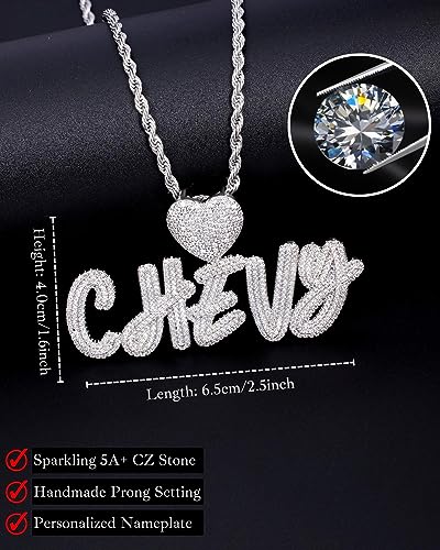 Lulu Mel Iced Out Personalized Cursive Name Necklace For Trendy Women, Custom Handmade Nameplate Pendant With Cuban Link Chain, White Gold Plated Hip Hop CZ Diamond Jewelry Gifts - color: Silver/Heart Hook