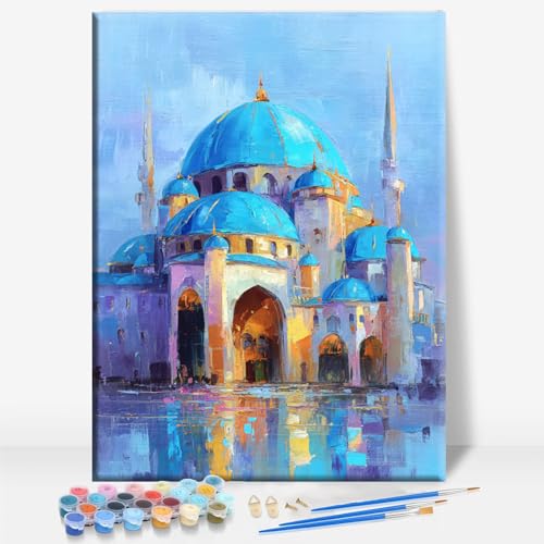 Aeontinity Blue Domed Mosque Kazan Islam Islam Framed Canvas DIY Paint by Numbers Kit Bar Cafe Cave Home Room Wall Bathroom Porch Patio Decor Gift, 16 x 12 Inch - color: BLUE DOMED MOSQUE KAZAN ISLAM