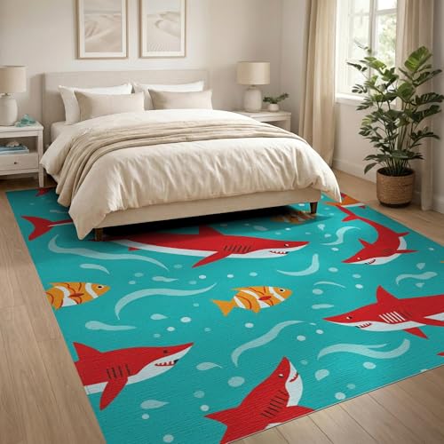 8'x10' Washable Flatwoven Rug, Turquoise Graphic Fish Stain Resistant Extra Large Carpet for Dining Room, Large Office, Lounge, Non-Slip Chair-Friendly Mat | Ref:2070035 - color: Blue/Pattern 12, size: 8' x 10' (Rectangular)