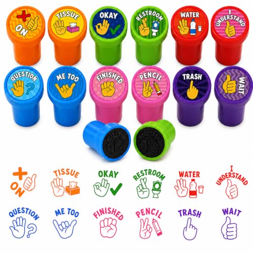 Cinrobiye 24 Pcs Hand Signal Stampers for Kids, Cute Classroom Communication Stamps, Teacher Tools, Classroom Rewards, Behavior Management, Party Favors, Goodie Bag Fillers, Small Toys - color: Hand Signal