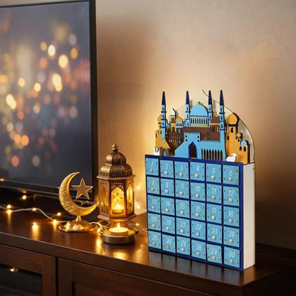 30-Drawer Wood Ramadan Advent Calendar With Led Lights, Eid Festival Decor, Muslim Style Religious Decoration, 11 X 2.2 X 15.4 In Countdown Calendar, Bedroom Table Lamp