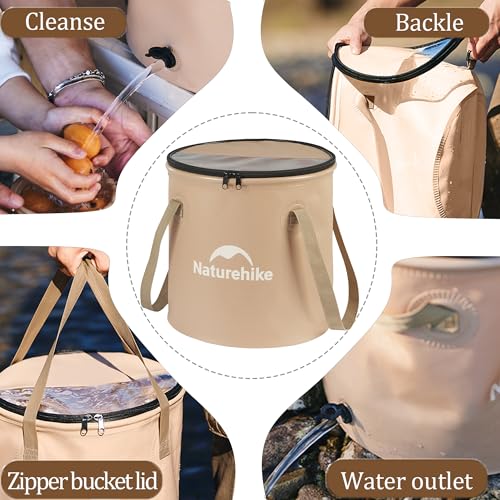 Naturehike 10L Collapsible Bucket, Folding Portable Wash Basin with Handle & Lid for Outdoor Camping Travelling Fishing Hiking Gardening Car Washing (Khaki-10L)