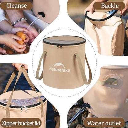 Naturehike 10L Collapsible Bucket, Folding Portable Wash Basin with Handle & Lid for Outdoor Camping Travelling Fishing Hiking Gardening Car Washing (Khaki-10L)