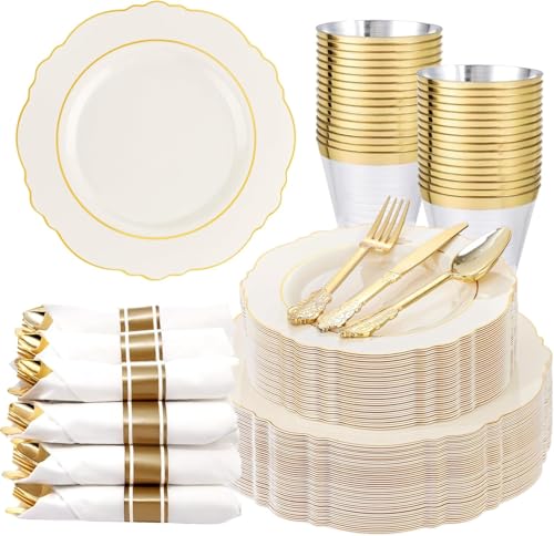 Liacere 350PCS Ivory Plastic Plates-Cream Disposable Plates With Gold Rim-50Guest Baroque Plastic Dinnerware include 100 Plates - 50 Pack Pre Rolled Napkins Silverware 50Cups for Wedding＆Party - color: Ivory