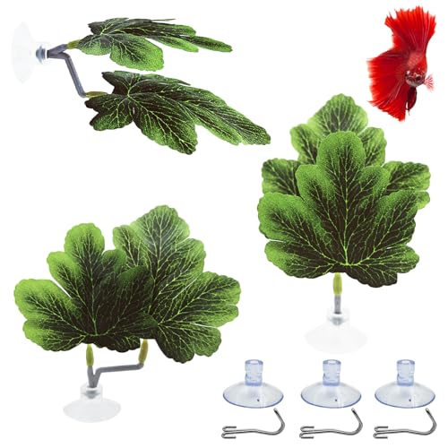Fish Leaf Pad Betta Leaf Hammocks with Suction Cup 3pcs Fish Tank Accessories Aquarium Decor Plastic Plants Natural Habitat Spawning Breeding Resting Bed Multi Leaf Design (Green) - color: Green