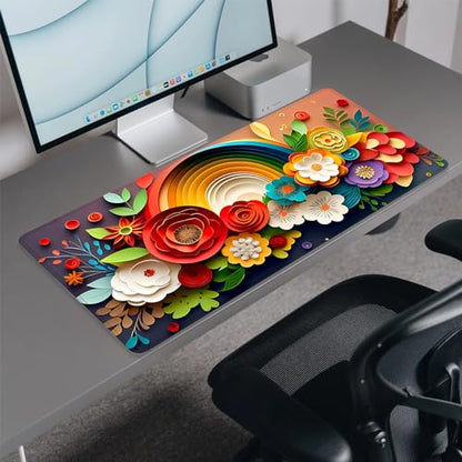 Rainbow Spring Flowers Desk Pad Mouse Pad,Floral Prints Extended Large Gaming Mouse Mat with Stitched Edges,Non-Slip Waterproof Rubber Base Mousepad for Office Work Home Desk Mat(27.5X11.8 in) - color: Rainbow Spring