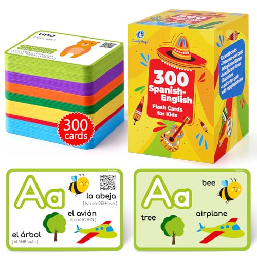 300 English and Spanish Flash Cards for Kids with Audio Support - Bilingual Spanish Learning Cards for Kids in 7 Color-Coded Categories, Tarjetas Didácticas en Español - Simply Magic