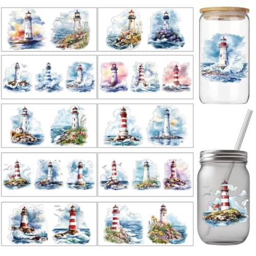 arricraft 10 Pcs Colorful Lighthouse Theme Cup Printing UV Transfer Papers, 10 Styles Flowers Waves UV DTF Cup Wrap Stickers for 16 OZ Glass Cups Crafts 9.5x4.3inch - style: Colorful Lighthouse Theme