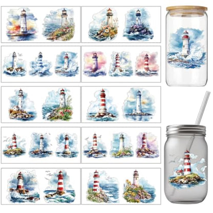 arricraft 10 Pcs Colorful Lighthouse Theme Cup Printing UV Transfer Papers, 10 Styles Flowers Waves UV DTF Cup Wrap Stickers for 16 OZ Glass Cups Crafts 9.5x4.3inch - style: Colorful Lighthouse Theme