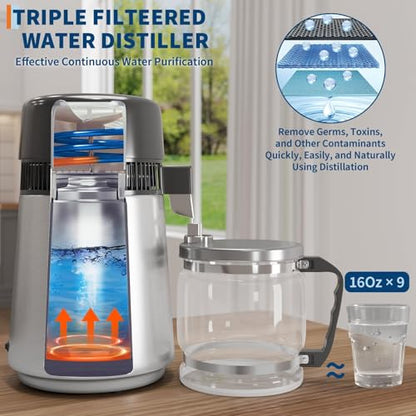 4L Countertop Stainless Steel Distilled Water Purifier, Distilled Water Making Machine with Glass Container, Ideal for Household, Workplace, Lab, and Aquarium Usage-Silver - color: Silver