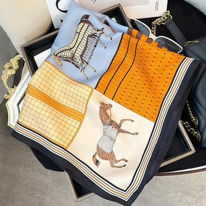 Sumolux Head Hair Scarf for Women Like Satin Silk Scarf Bandana Hair Wrapping Night Large Square Scarves 27.5" - color: Blue Horse