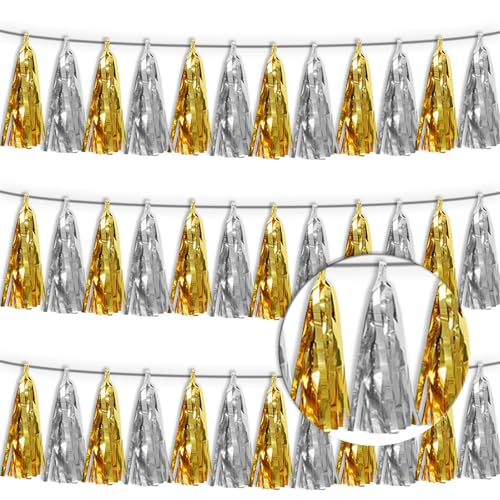 3P Gold Silver Tassel Banner Garland Metallic Foil Fringe Banner Tinsel Tassels Streamer Banner Backdrop for Parade Floats, Graduation Decorations, Father' Day, Halloween, Christmas Decorations - color: Gold Silver