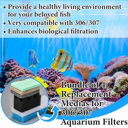 Threlaco 32 Pcs Filter Media Compatible with 306/307 Filters, Aquarium Replacement Maintenance Kit Including Biological Sponge, Ammonia/Phosphate/Nitrite Remover Pad, Aquarium Towel, Grease - style: 306/307