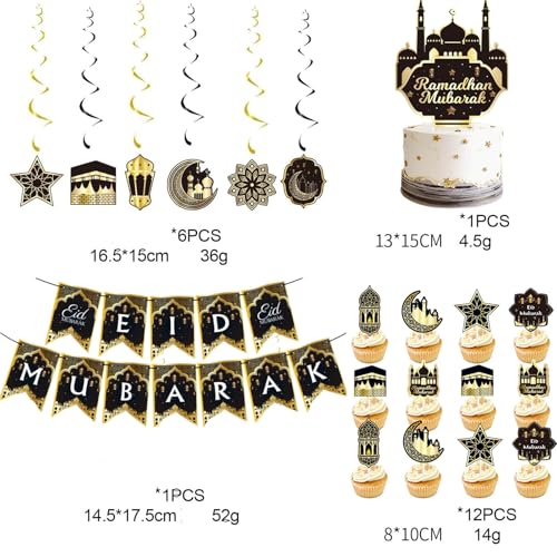 31pcs Eid Mubarak Decorations Set - Black and Gold Ramadan Party Supplies including Banner, Hanging Swirls for Muslim Islamic Eid Al-Fitr Home Wall Décor