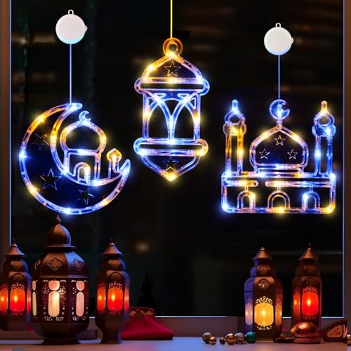 LOLStar Ramadan Decorations, 3 Pack Blue and Warm White Lantern, Moon, Mosque Eid Mubarak Window Lights Battery Operated Hanging LED Lights with Timer & Slow Fade Mode, Perfect Decor for Eid al Fitr - style: Multicolor Lantern, Moon, and Mosque