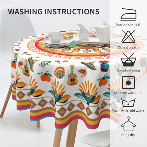 Mexican Floral Art Tablecloth Mexico Round Table Cover Washable Table Cloth for Home Kitchen Party Picnic 60 Inch - color: Mexican Floral Art