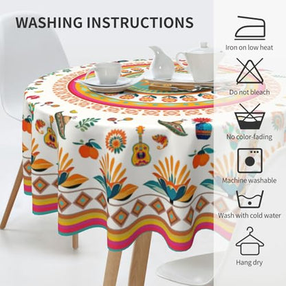 Mexican Floral Art Tablecloth Mexico Round Table Cover Washable Table Cloth for Home Kitchen Party Picnic 60 Inch - color: Mexican Floral Art