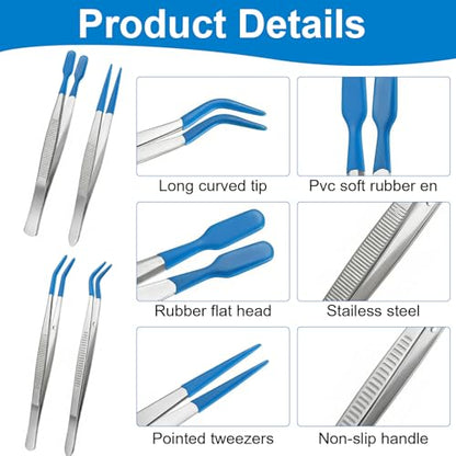 Nogeqi 4 Piece Rubber Tipped Tweezers, Stainless Steel Tweezers for Crafting, Straight Tip Craft Tweezer Pvc-Coated Precision Long Tweezer for Stamps Jewelry Beads Industrial Electronic Lab Tools
