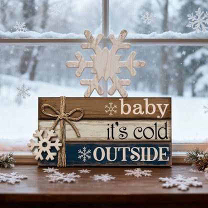 4 Pcs Winter Home Decor Winter Table Decorations Christmas Tiered Tray Decor Centerpiece Decorations Indoor Rustic Wooden Snowflake Block Sign Gift Farmhouse for Kitchen Shelf - style: Snow