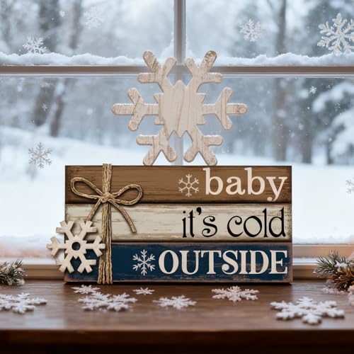 4 Pcs Winter Home Decor Winter Table Decorations Christmas Tiered Tray Decor Centerpiece Decorations Indoor Rustic Wooden Snowflake Block Sign Gift Farmhouse for Kitchen Shelf - style: Snow