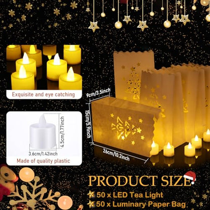 Sabary 50 Sets Luminary Bags with Flameless Tea Lights Outdoor Luminaries LED Lantern Candle Bags for Wedding Birthday Ramadan Christmas Party Decorations Romantic Decor(Xmas Tree) - style: Xmas Tree