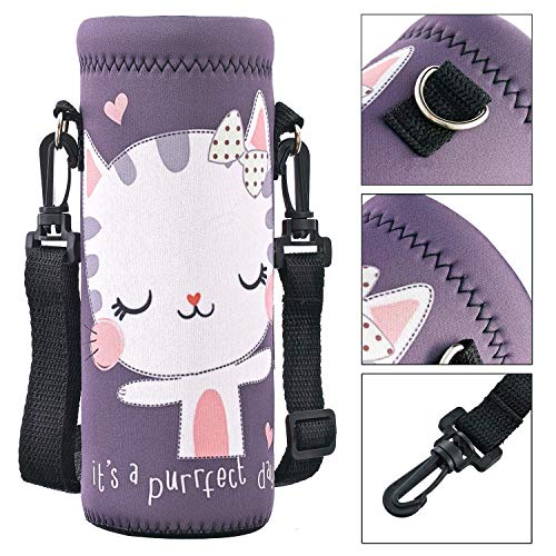 Neoprene Water Bottle Carrier Bag with Adjustable Shoulder Strap,Insulated Water Bottle Cover for Stainless Steel/Glass/Plastic Bottles - color: Cute Cat, size: 500ml