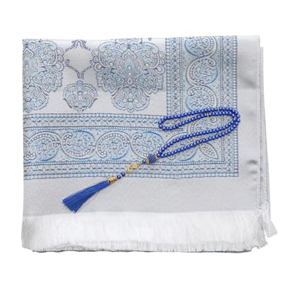 Muslim Prayer Rug and Beads with Portable Bag, Muslim Gifts for Women Men, Janamaz, Sajadah, Soft Mat Islam Gifts Set, Turkish Sajadah for Ramadan, Eid, Hajj, Travel, Pray - color: Blue