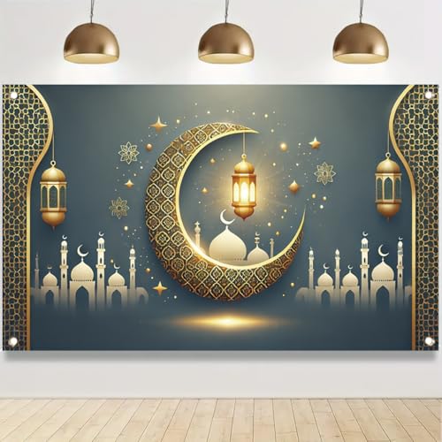 Ramadan Kareem Crescent Moon Lantern 71x43 Inch Banner for Eid Mubarak PartyDecoration lslamic Mosque Gold Star Outdoor Indoor Decor - color: gold
