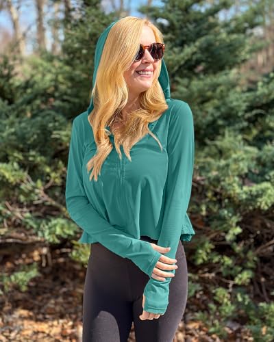 G4Free Skimetic Womens UPF 50+ Sun Hoodie Shirts - Quick Dry Running Jacket Long Sleeve Rash Guard Zip Pocket Hiking Athlete - color: Myrtle Green, size: Medium