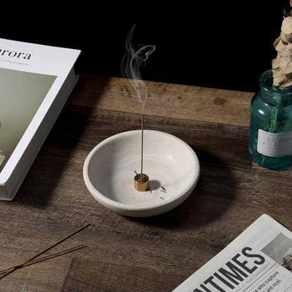 Koville Natural Marble Incense Holder, Incense Holder for Sticks with 9 Holes, Handmade Incense Burner Ash Catcher for Meditation Yoga SPA, Balsam Fir/Palo Santo/Sage/Cone Incense Bowl(Grey) - color: D=150-beige