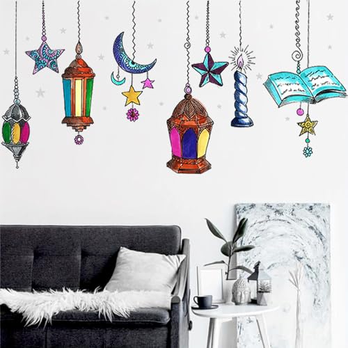 Eid Mubarak Wall Stickers Colorful Lantern Moon Star Wall Decals Ramadan Decorations for Home Bedroom Wall Paper Islamic Decor Window Clings Muslim Wallpaper Kareem Party Wall Mural (Style3) - color: Style3