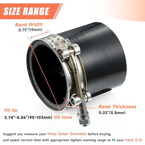 2 Pack 3.5" T-Bolt Hose Clamps, 304 Stainless Steel Turbo Intake Clamp, Working Range 3.74"-4.06"(95-103mm) for 3.5" I.D. Hose with 5mm Wall Thickness.(Measure your hose O.D. before buying) - size: 3.5" hose clamp 95mm-103mm (3.74"-4.06")