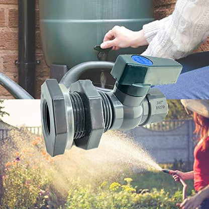 Rain Barrel Spigot Kit with Hole Saw 4 Pcs PVC Bulkhead Fitting, Ball Valve, Garden Hose Male Threaded Adapter, Barb Adapter, Thread Seal Tape (3/4 Inch)