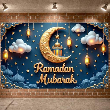 Ramadan Islamic Festival Crescent Moon Lantern Decoration Mosque Scene Mubarak Display Crescent Moon Starry Pattern Banner Islamic For Home Decoration Mosque Event
